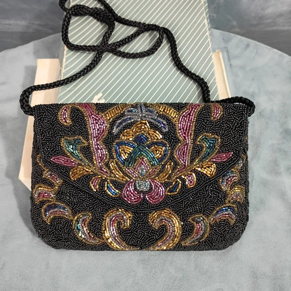 Lillian Vernon Vintage Beaded Evening Bag Black Floral Crossbody Clutch LV6751